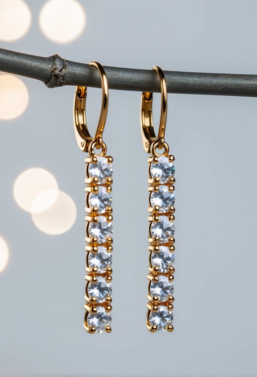 A pair of linear crystal dangle earrings hanging against a plain background, with light reflecting off the sparkling gems