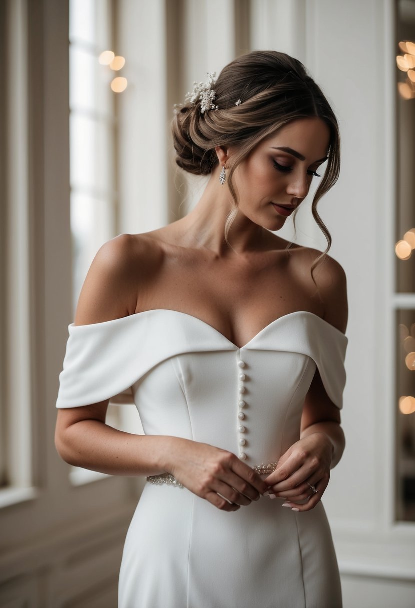 An elegant off-the-shoulder wedding dress with crepe fabric and delicate button details