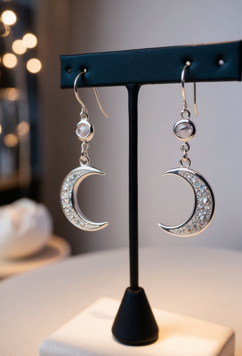 A pair of crescent moon drop earrings hanging on a display, with soft lighting to highlight their delicate details