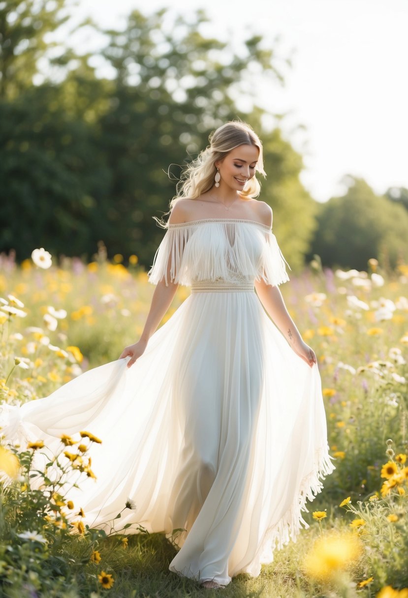 A bride twirls in a flowing, off-the-shoulder boho wedding dress with fringed edges, surrounded by wildflowers and soft sunlight