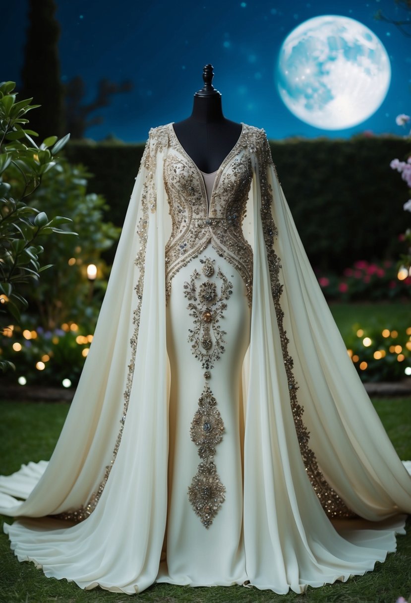 A flowing cape dress adorned with intricate embellishments, set against a moonlit garden backdrop