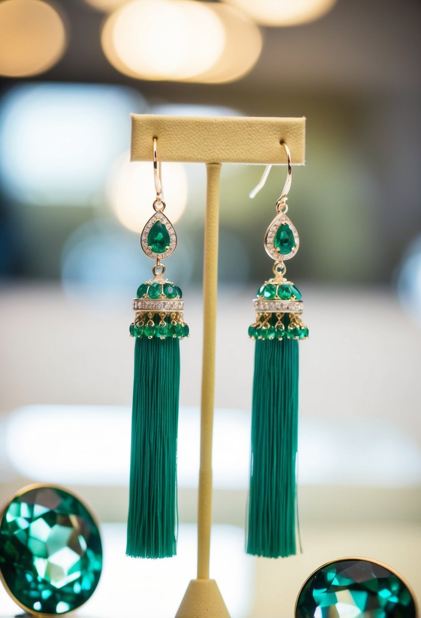 A pair of emerald tassel earrings dangle elegantly on a display stand, catching the light with their sparkling green stones