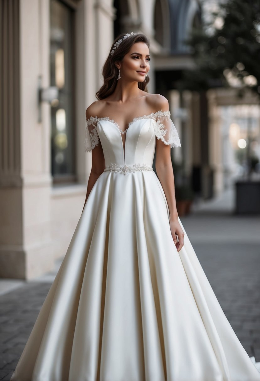 A flowing wedding dress with off-the-shoulder sleeves, made of luxurious velvet and adorned with delicate lace accents