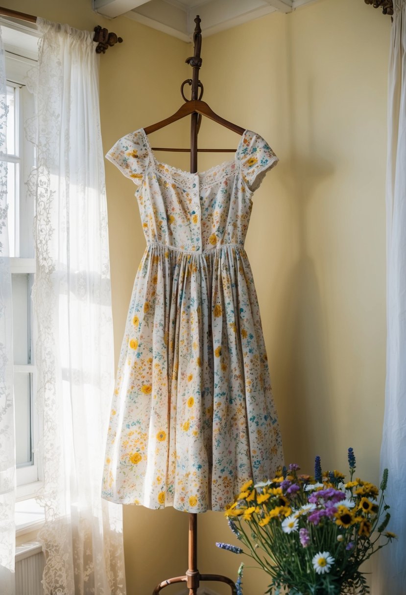 A floral print tea dress hanging on a vintage coat rack in a sunlit room, surrounded by delicate lace curtains and a vase of fresh wildflowers