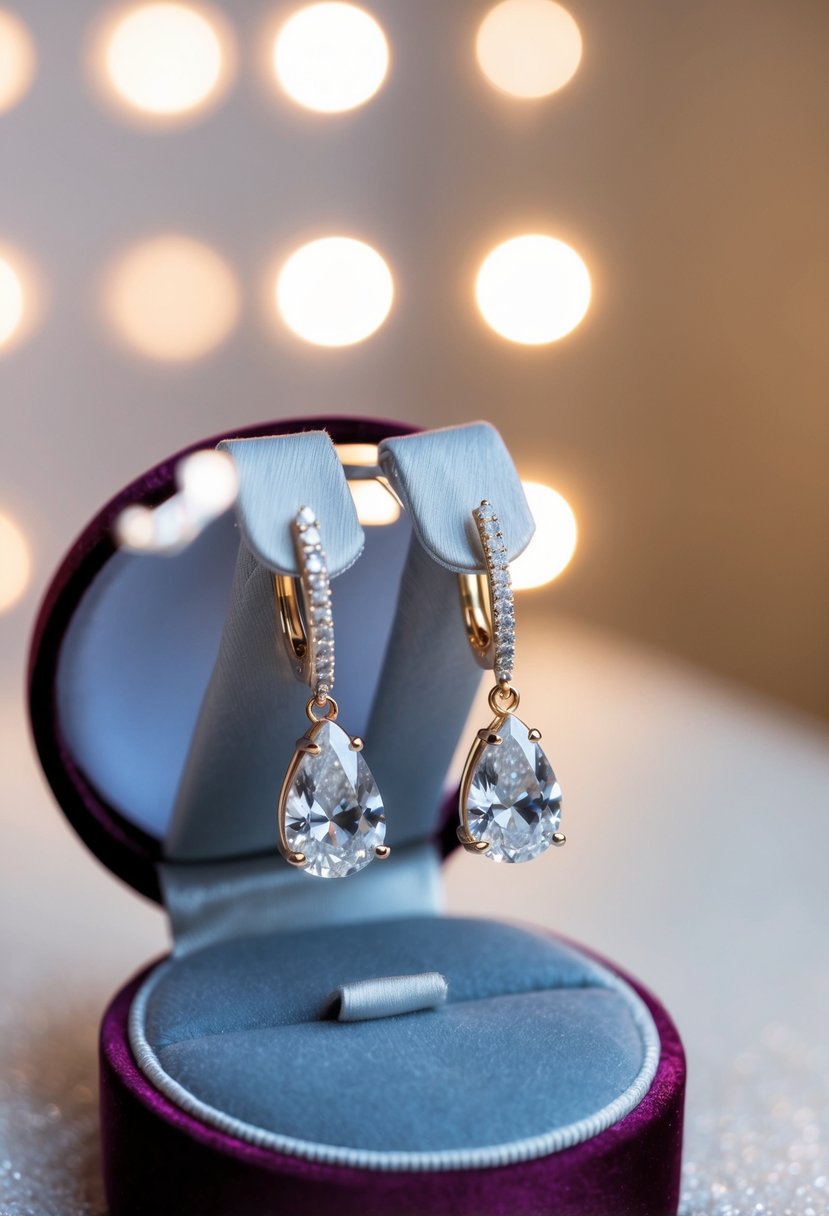 Two diamond teardrop earrings displayed on a velvet cushion, with soft lighting highlighting their sparkle