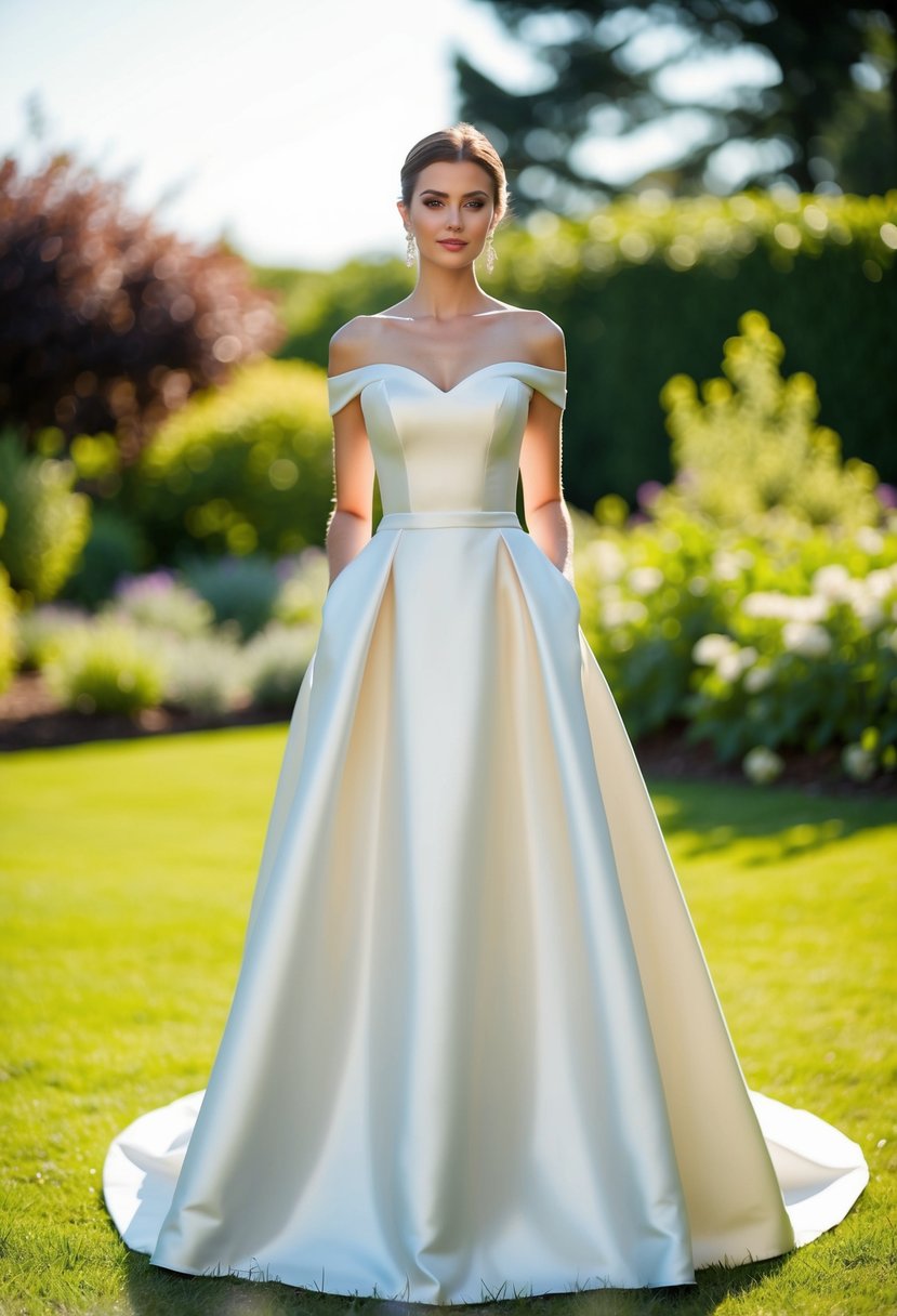 A bride standing in a sunlit garden, wearing an off-the-shoulder A-line wedding dress with a satin finish, the fabric flowing elegantly around her