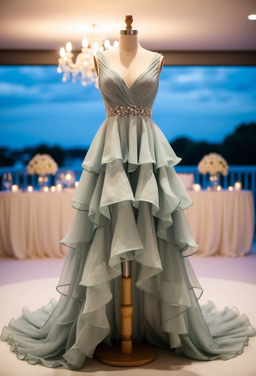 A flowing high-low dress with ruffled layers, set against a romantic evening backdrop with soft lighting and elegant decor