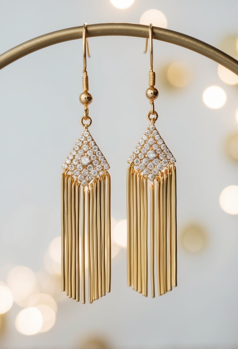 A pair of gold fringe earrings hang elegantly against a soft, round backdrop, perfect for a wedding