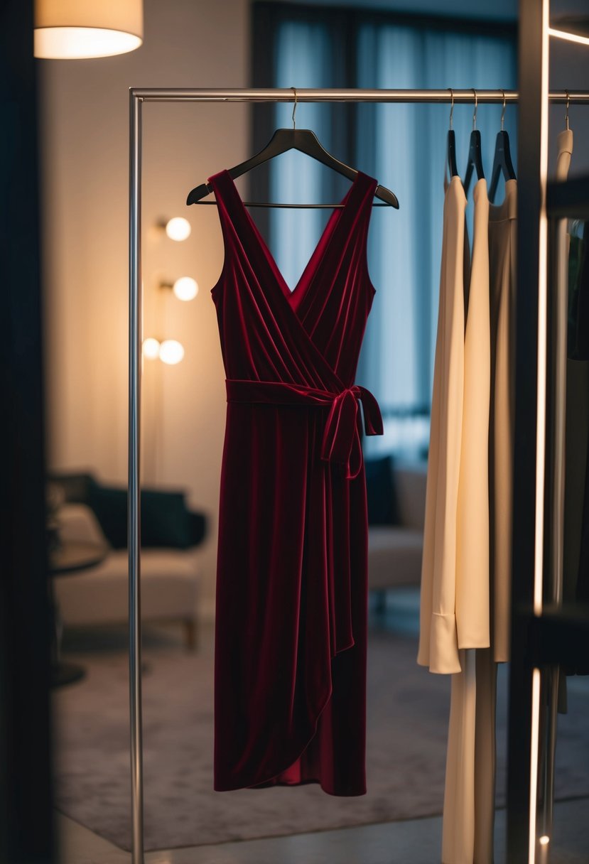 A velvet wrap dress hanging on a sleek, modern clothing rack in a dimly lit room with soft, romantic lighting