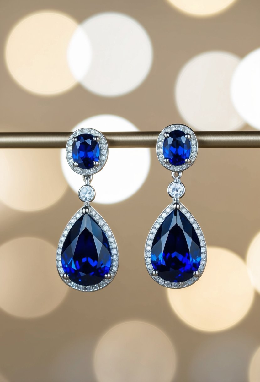 A pair of elegant sapphire drop earrings against a soft, luxurious background, with a round-faced silhouette in the center