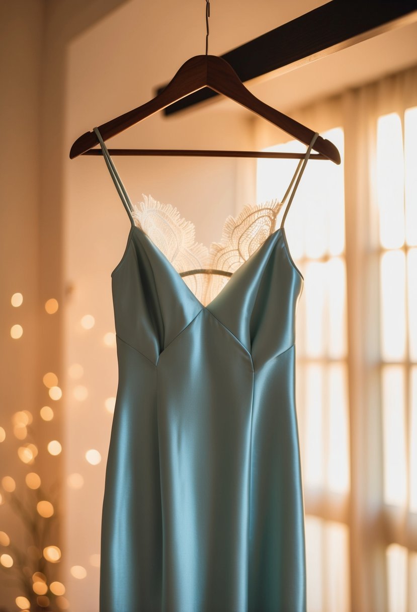 A sleek satin slip dress hangs on a hanger, bathed in soft, warm light, with delicate lace details and a subtle sheen