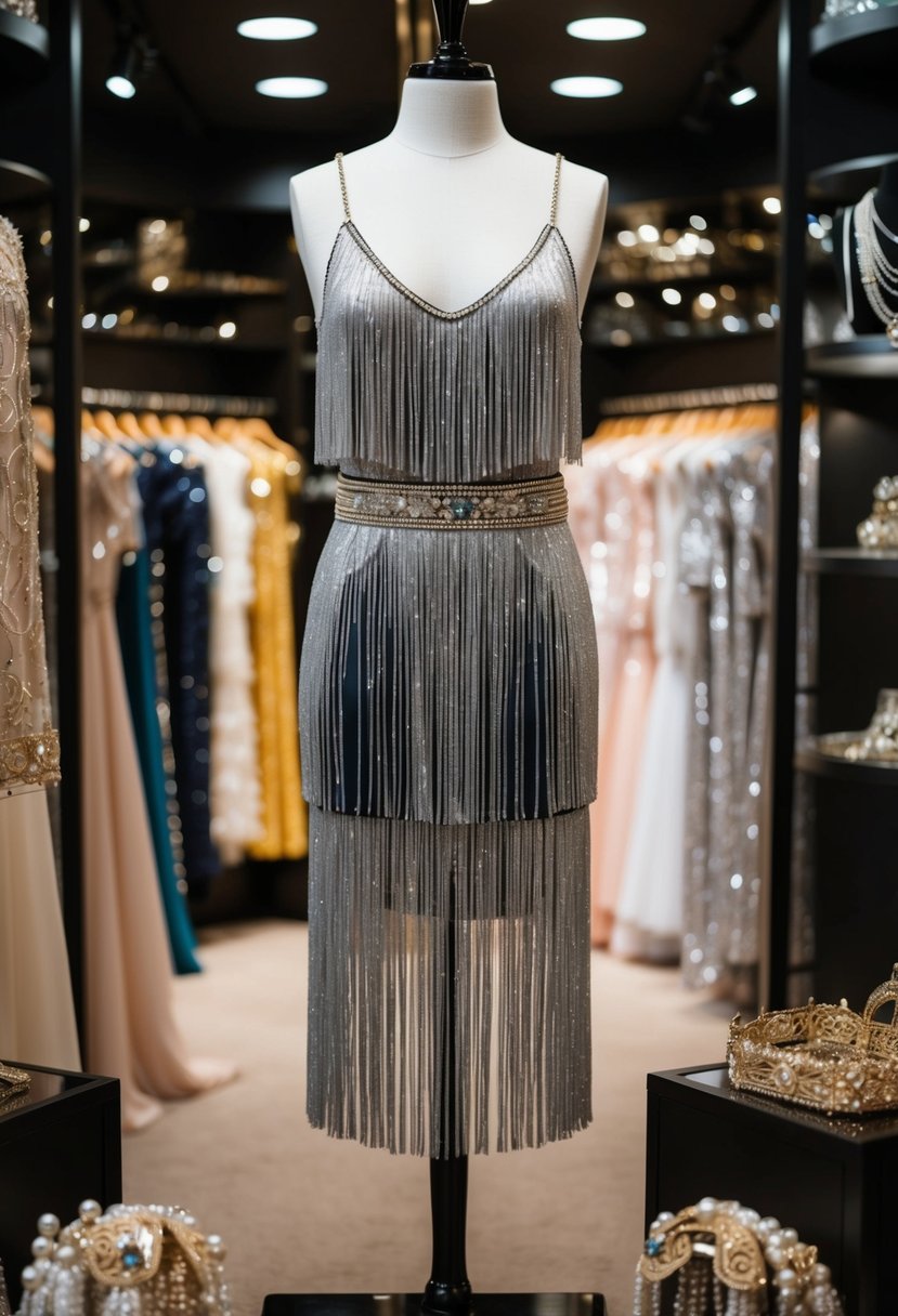 A shimmering fringe dress hangs on a mannequin in a dimly lit boutique, surrounded by luxurious fabrics and elegant accessories