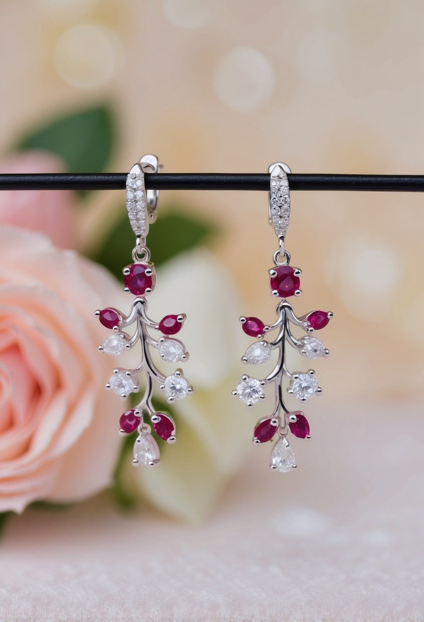 A pair of delicate floral dangle earrings with ruby accents, displayed against a soft, romantic background