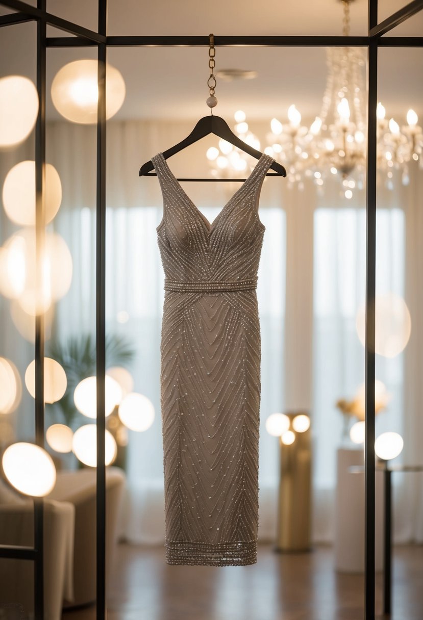 A beaded sheath dress hanging on a sleek mannequin, surrounded by soft lighting and elegant décor