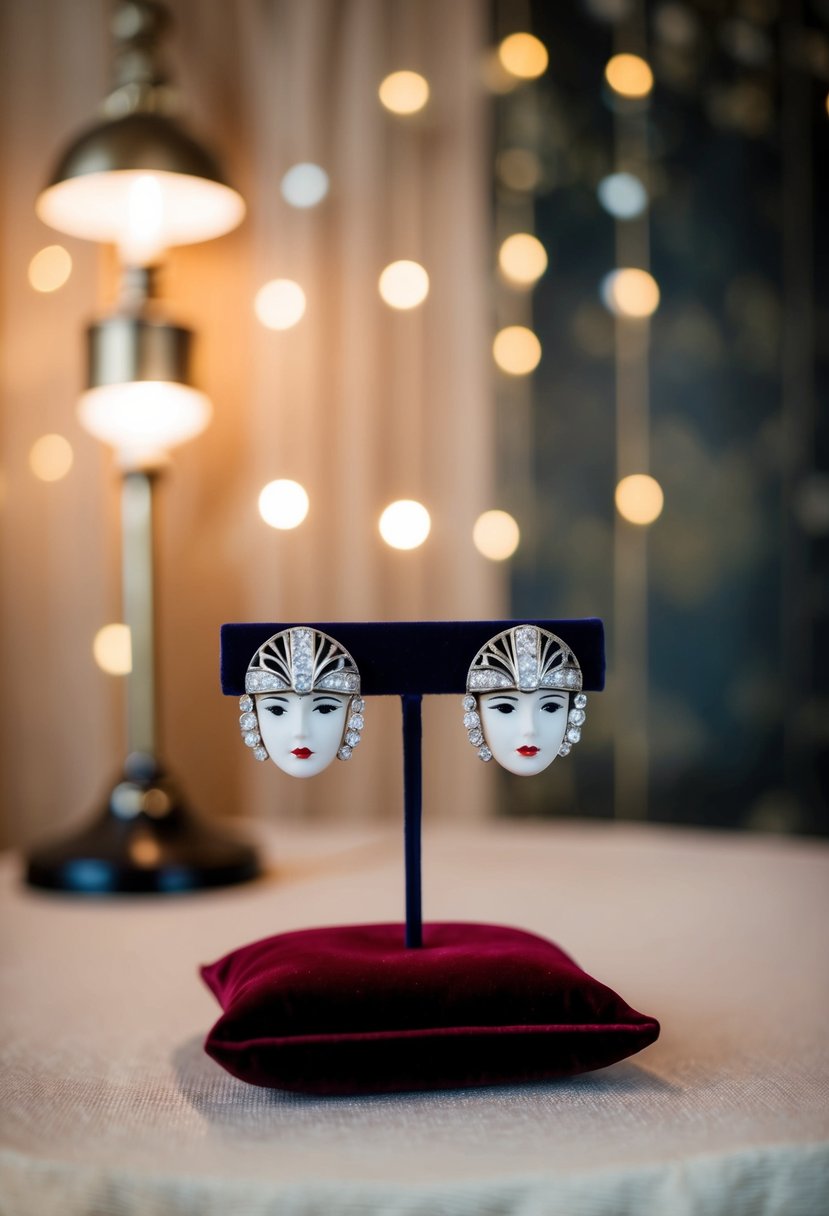 A pair of elegant, Art Deco-inspired round face wedding earrings displayed on a velvet cushion with soft lighting and a vintage backdrop