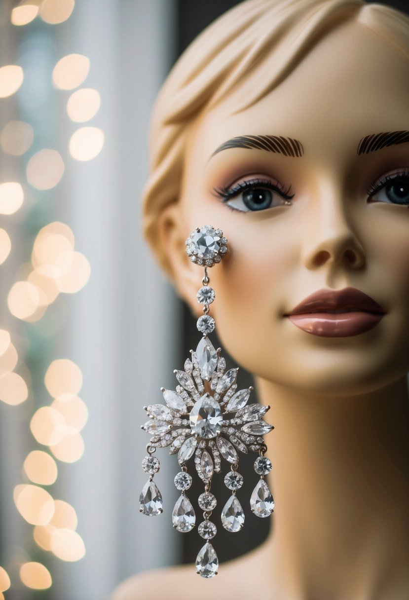 A sparkling Swarovski chandelier earring dangles against a backdrop of a round-faced mannequin, evoking wedding elegance