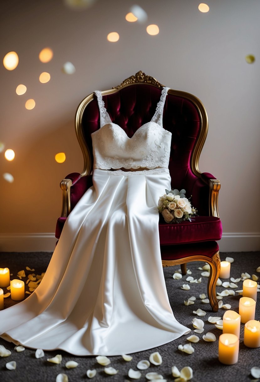 A bride's two-piece bridal set laid out on a luxurious velvet chair, surrounded by scattered rose petals and glowing candlelight