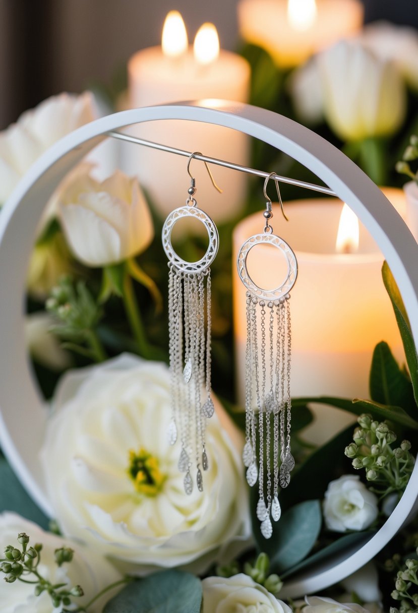 Delicate silver filigree threader earrings dangle from a round display, surrounded by wedding flowers and soft candlelight