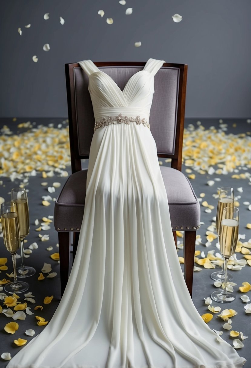 A convertible maxi dress draped over a chair, surrounded by scattered flower petals and empty champagne glasses