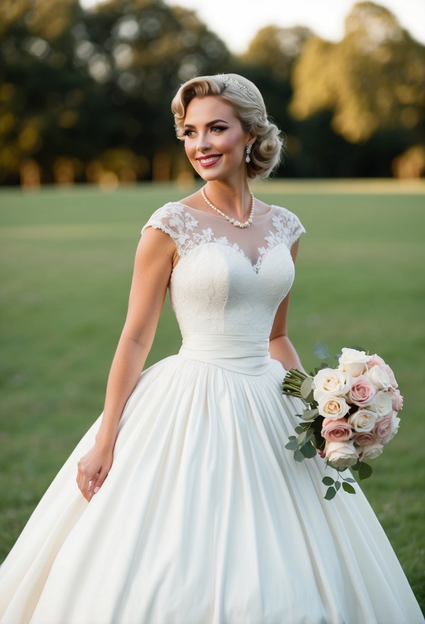 A bride in a 50s-style wedding dress, with a full skirt, fitted bodice, and lace details, holding a bouquet of roses