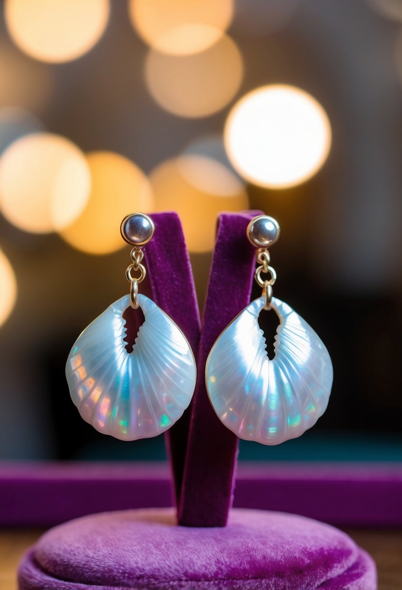 A pair of elegant shell drop earrings displayed on a velvet cushion, with soft lighting casting a warm glow on the iridescent surface