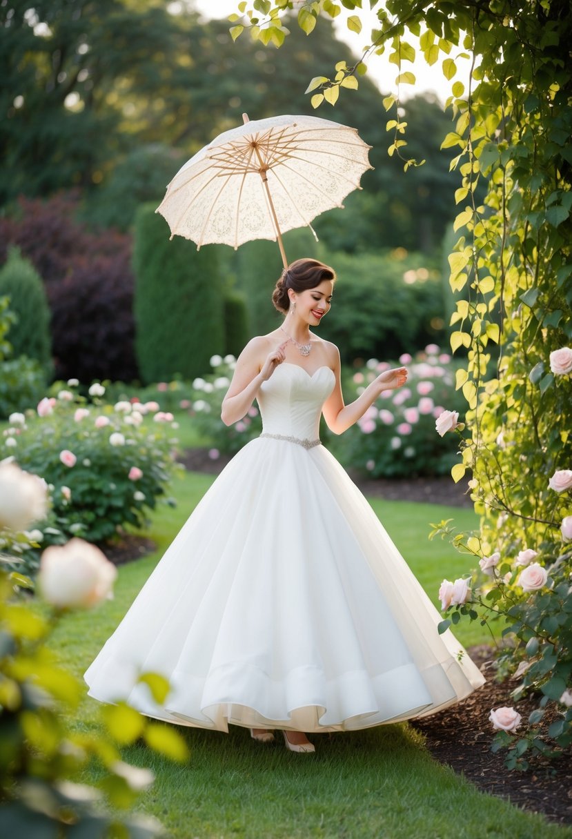 A bride in a 50s-style ballgown twirls in a garden, surrounded by blooming roses and trailing ivy, with a vintage lace parasol overhead