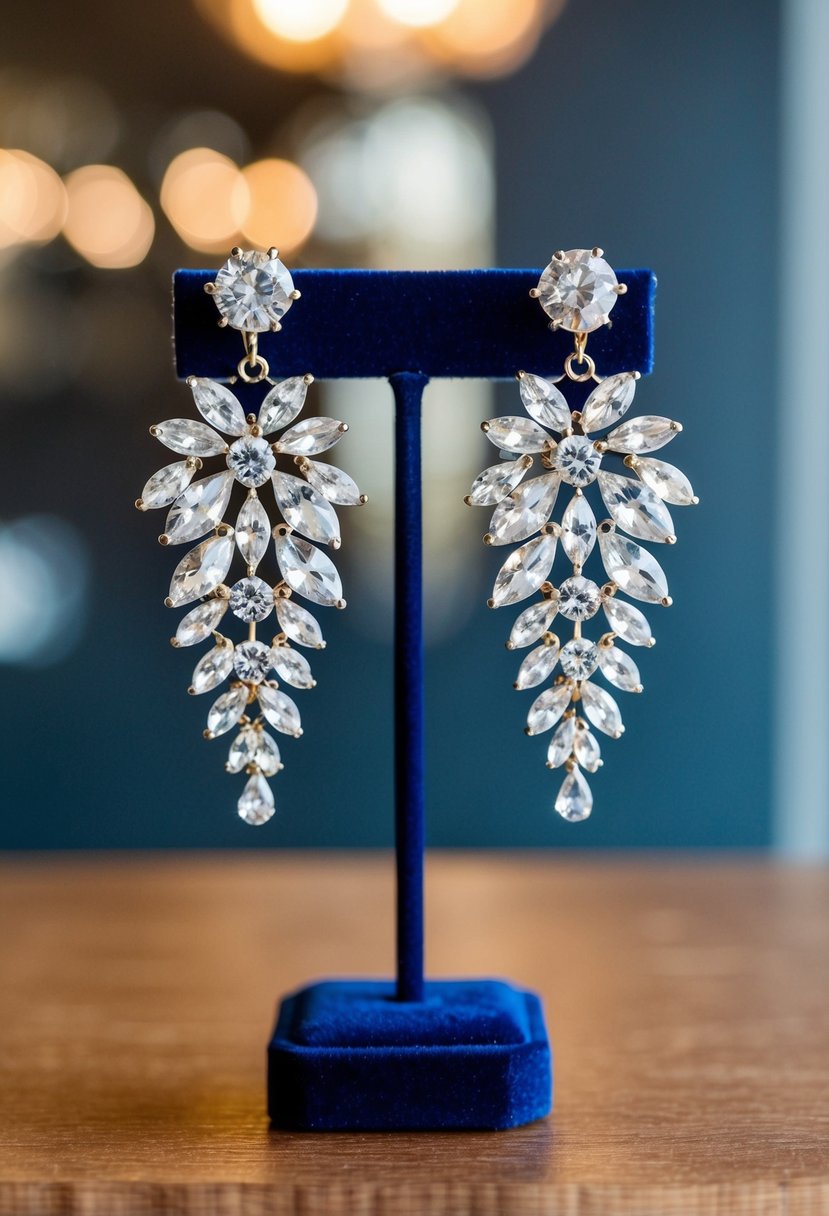 A sparkling pair of crystal cluster earrings displayed on a velvet jewelry stand