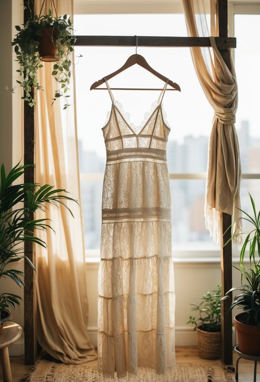 A bohemian lace midi dress hangs on a rustic wooden hanger in a sunlit room with draped fabric and potted plants