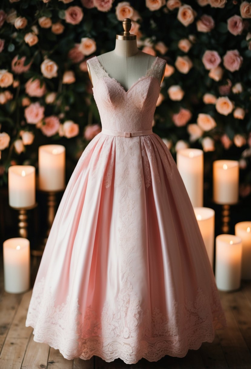 A vintage-inspired wedding dress with a pink hue, delicate lace, and a full skirt, set against a backdrop of roses and candlelight