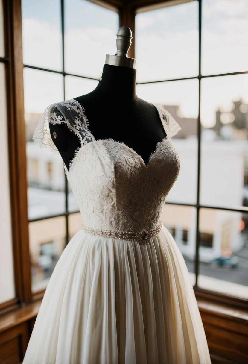 A vintage-inspired wedding dress with a classic sweetheart neckline, full skirt, and delicate lace details