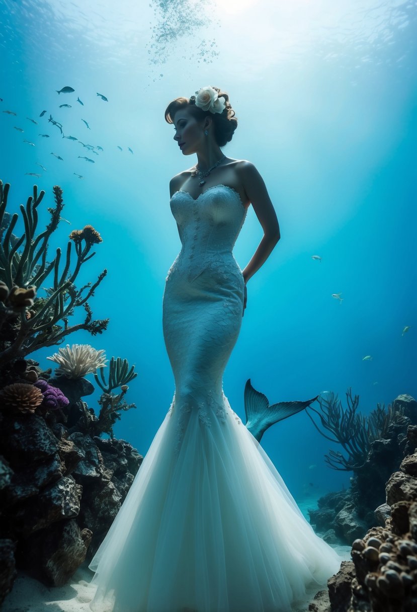 A mermaid silhouette in a 50s style wedding dress, surrounded by enchanting underwater flora and fauna