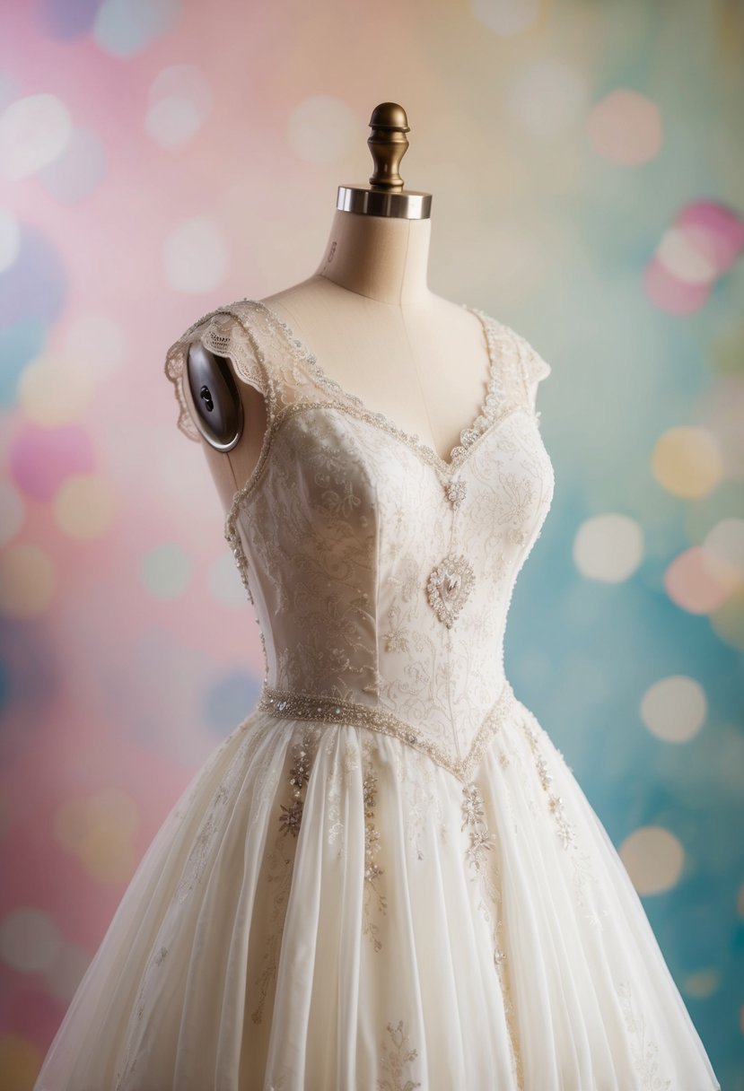 An elegant 50s-style wedding dress hangs on a vintage mannequin, adorned with delicate lace and intricate beading, set against a backdrop of soft pastel hues