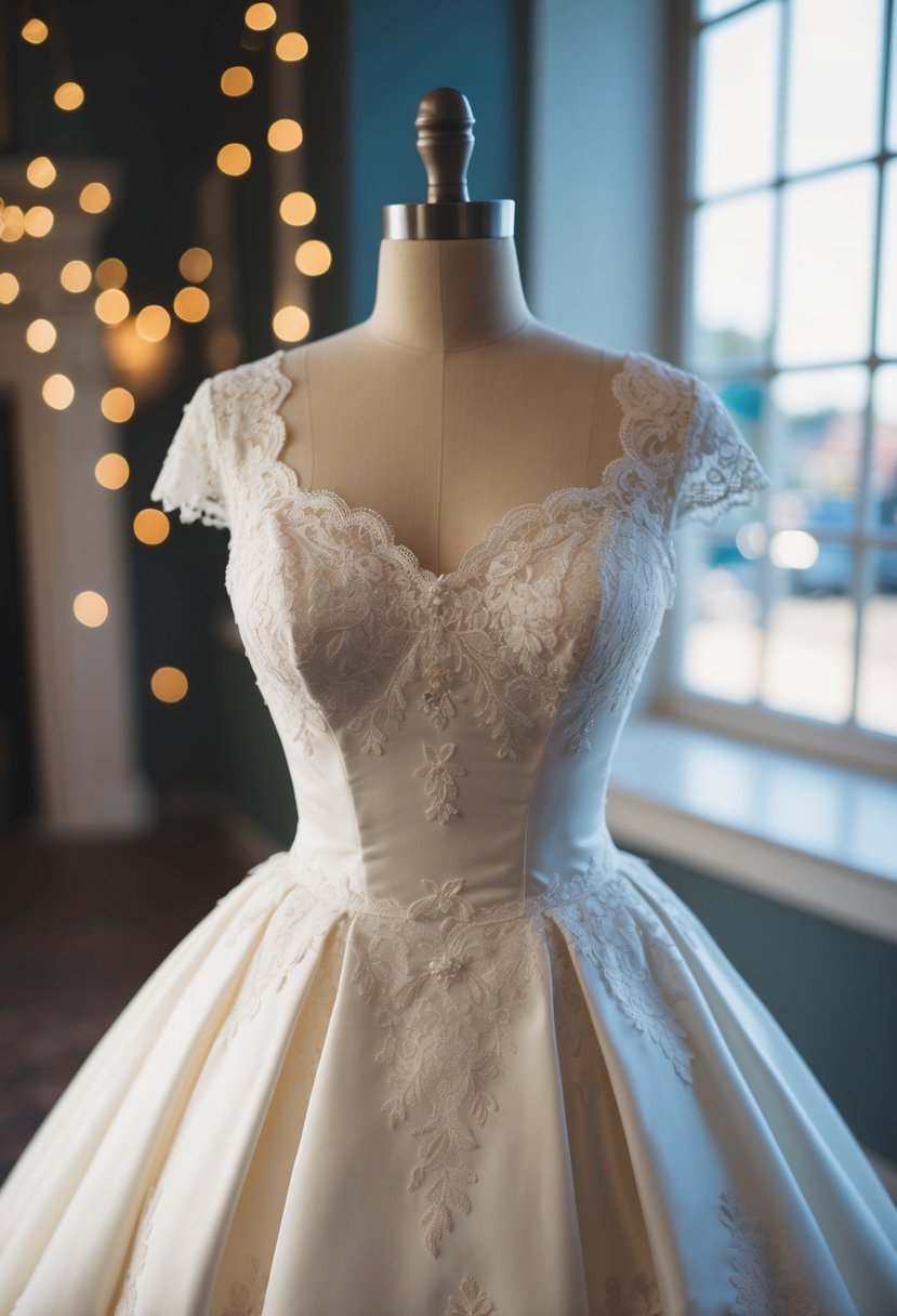 A vintage-inspired wedding dress with a fitted bodice and a flared skirt, adorned with lace and delicate details