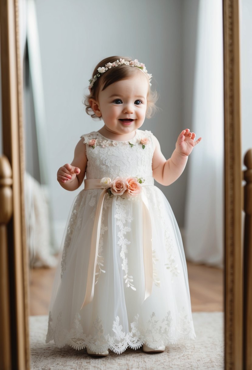 A 6-month-old baby girl wearing a delicate lace wedding dress, adorned with tiny flowers and ribbons, standing in front of a mirror with a playful expression