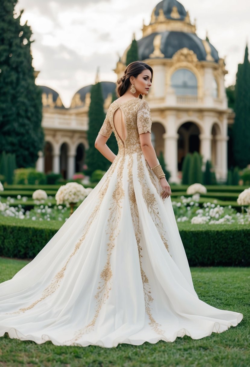 A flowing white gown with intricate gold embroidery, adorned with delicate beads and sequins, set against a backdrop of lush gardens and ornate architecture