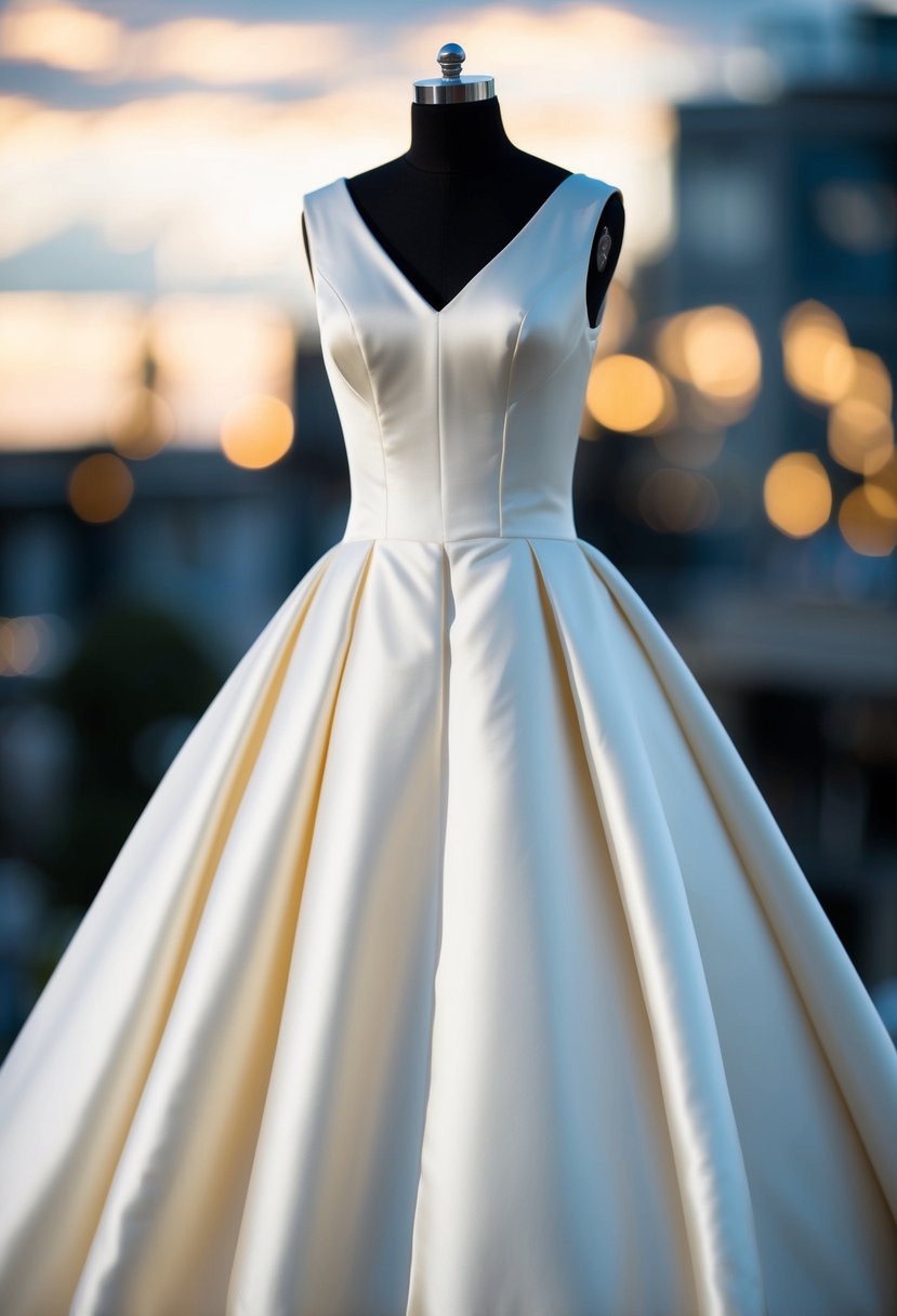 A sleek, ivory satin wedding dress with a fitted bodice, full skirt, and simple, elegant lines