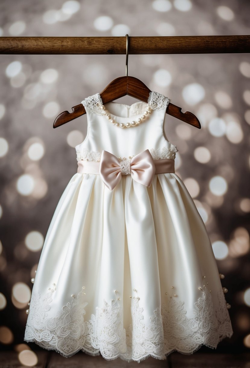 A 6-month baby girl wedding dress with delicate lace accents, adorned with tiny pearls and a satin bow, hanging on a vintage wooden hanger