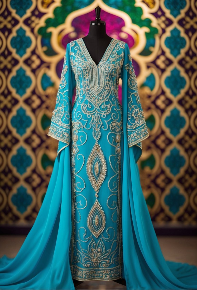 An ornate kaftan dress with intricate beading and flowing fabric, set against a backdrop of ornate arabesque patterns and vibrant colors