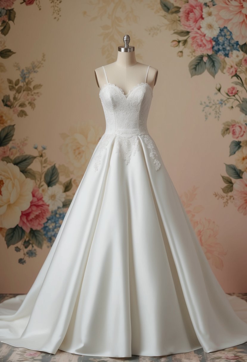 An elegant A-line wedding dress with a full skirt and fitted bodice, adorned with delicate lace and a sweetheart neckline, showcased against a backdrop of vintage-inspired floral patterns and soft pastel colors