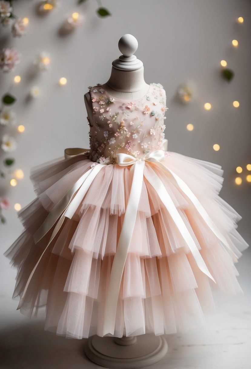 A delicate, pastel-colored tulle dress with multiple layers, adorned with tiny floral embellishments and satin ribbons, creating a whimsical and enchanting look for a baby girl's wedding attire