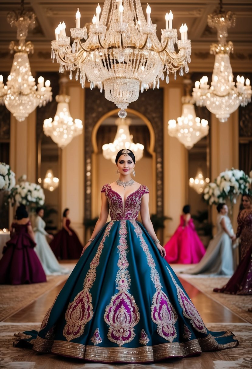 Opulent ballroom with ornate chandeliers, adorned with Milla Nova sophisticated gowns in rich, jewel-toned colors, inspired by traditional Arab wedding dress designs