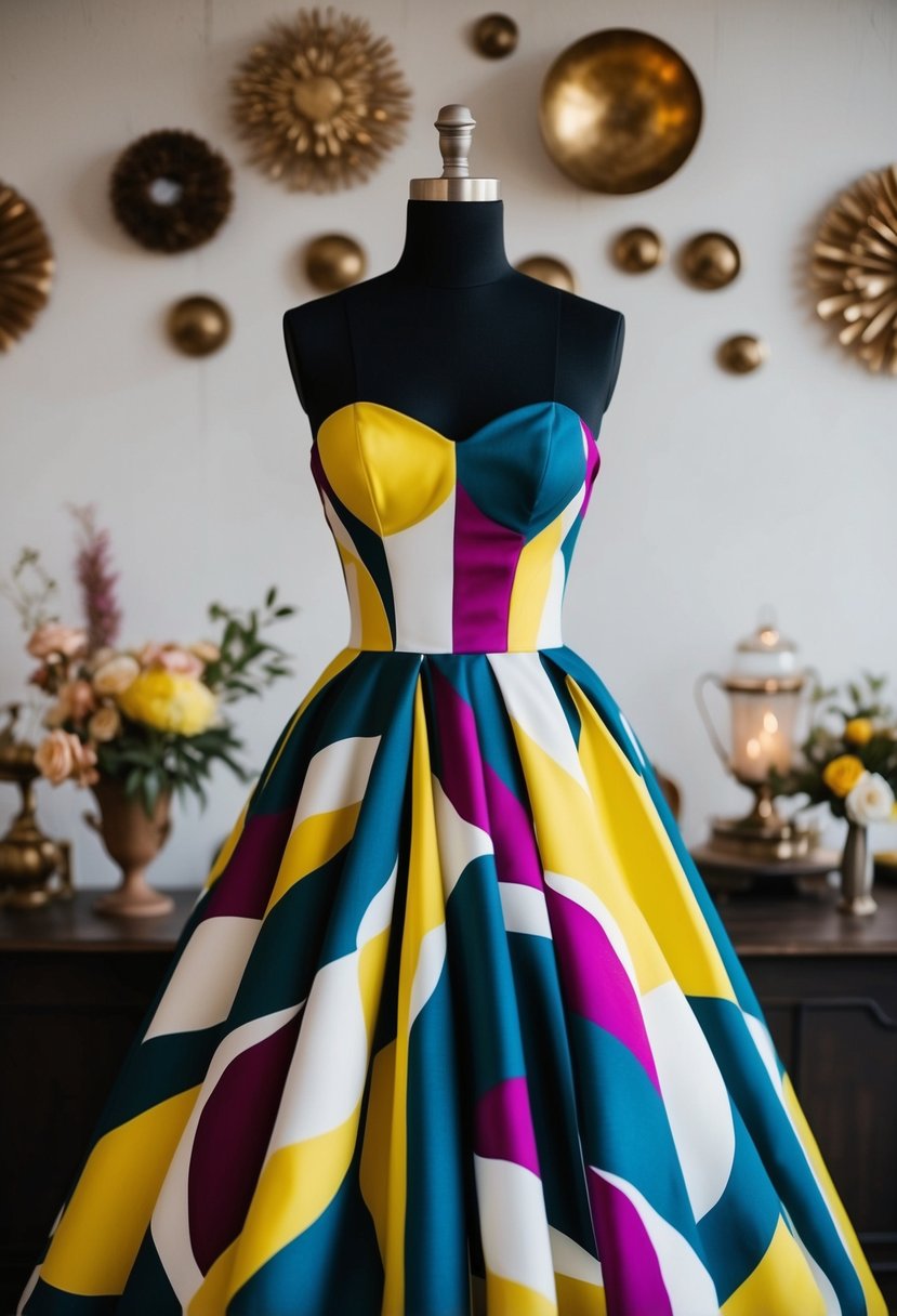 A nontraditional 50s style wedding dress with bold patterns and unconventional silhouette, set against a backdrop of vintage-inspired decor and accessories