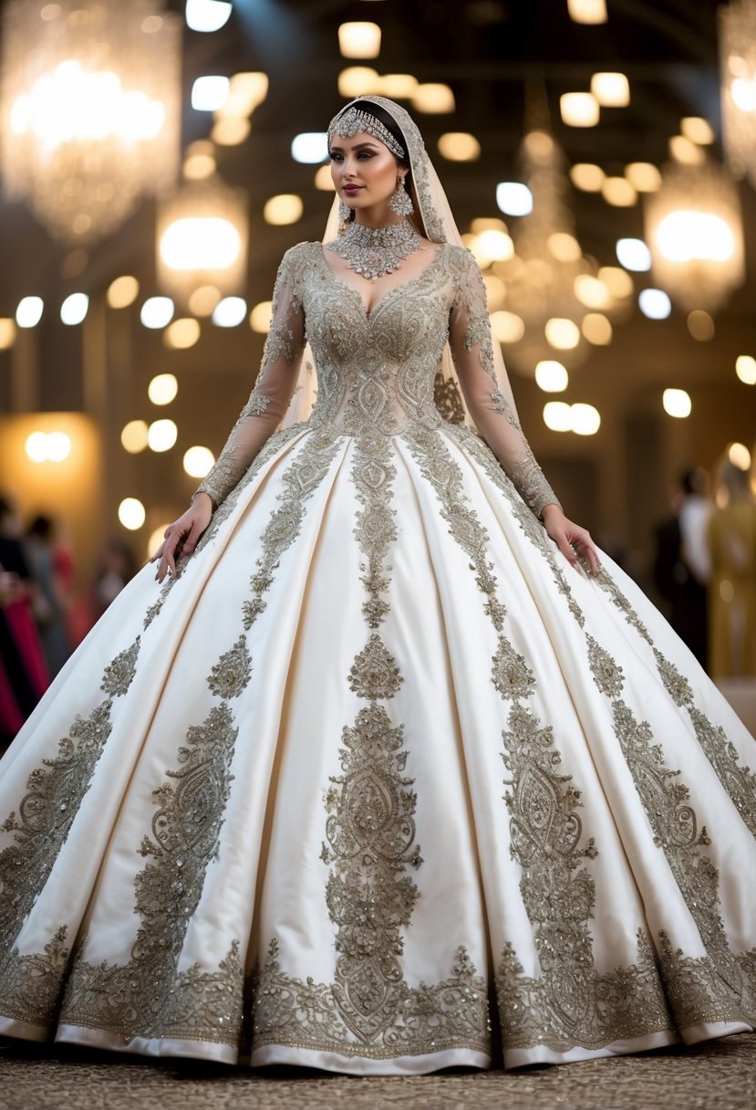 A lavish ball gown with ornate embroidery and beading, inspired by Arab wedding dress traditions