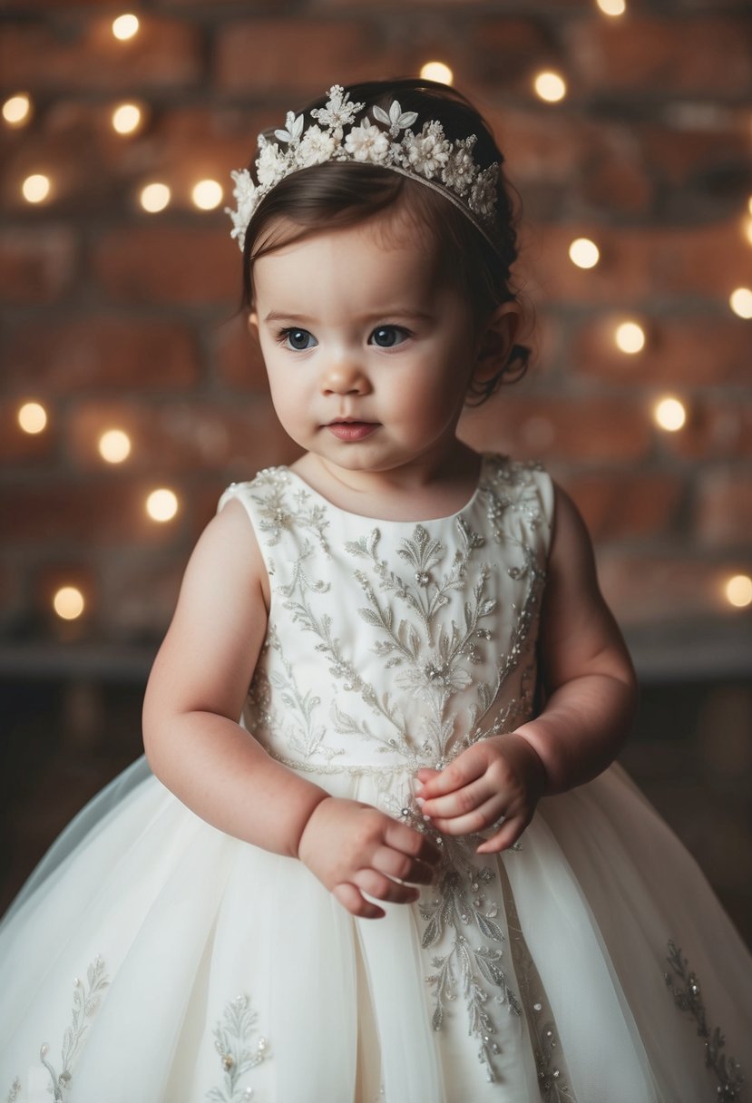 A delicate baby girl wedding dress adorned with intricate floral embroidery patterns