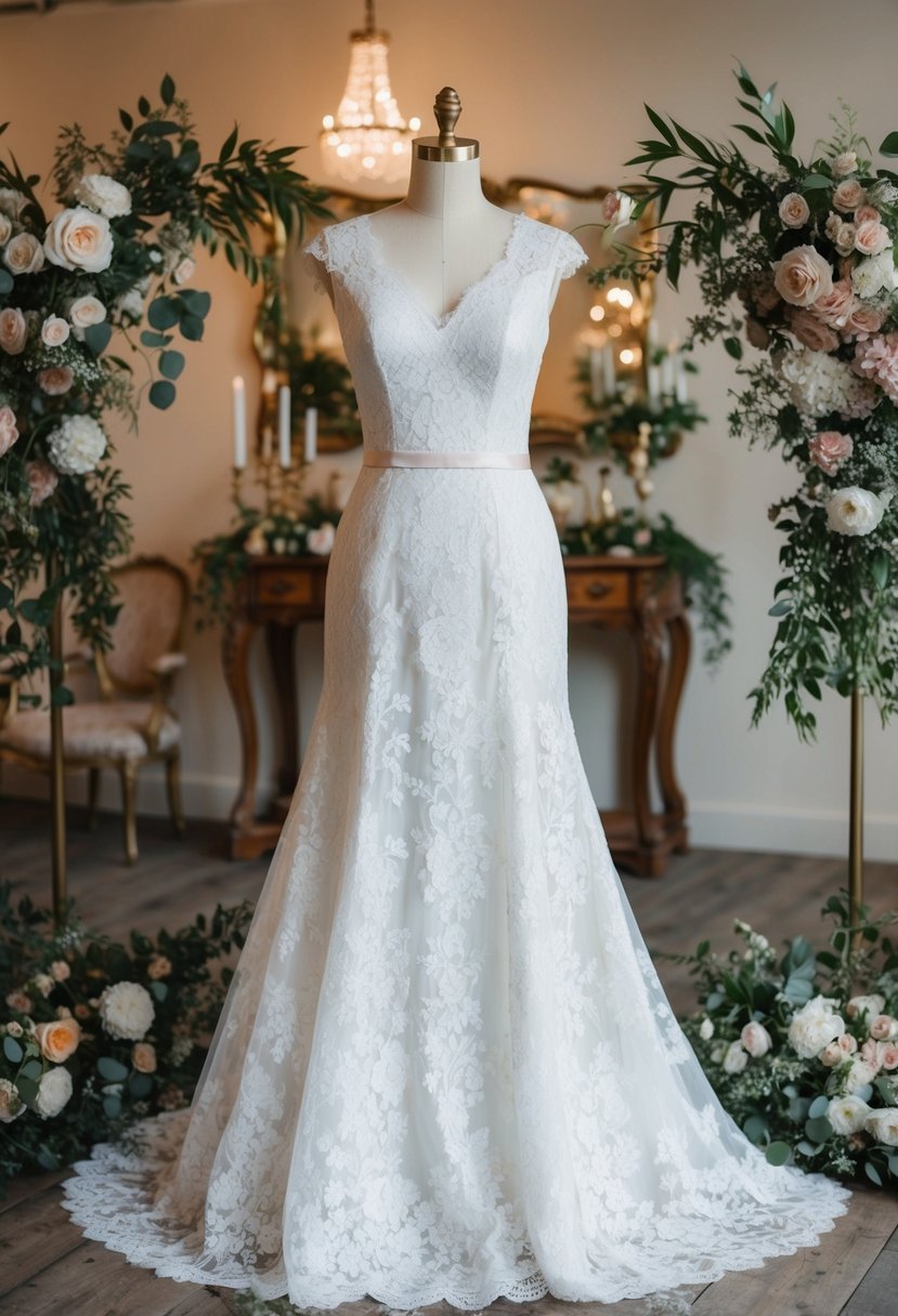 A vintage lace wedding dress displayed on a mannequin, surrounded by delicate floral arrangements and antique decor