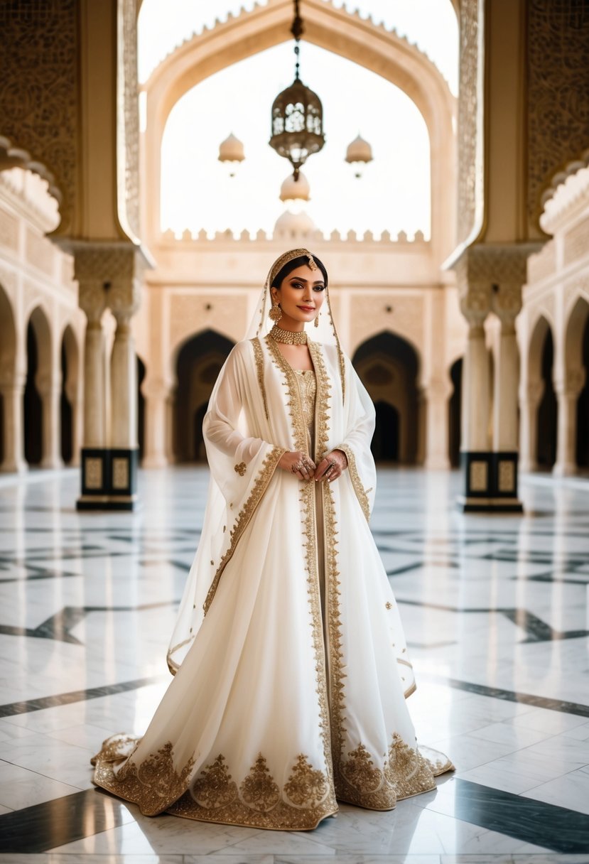 A bride in a flowing white abaya, adorned with intricate gold embroidery, stands in a grand Arabian palace courtyard