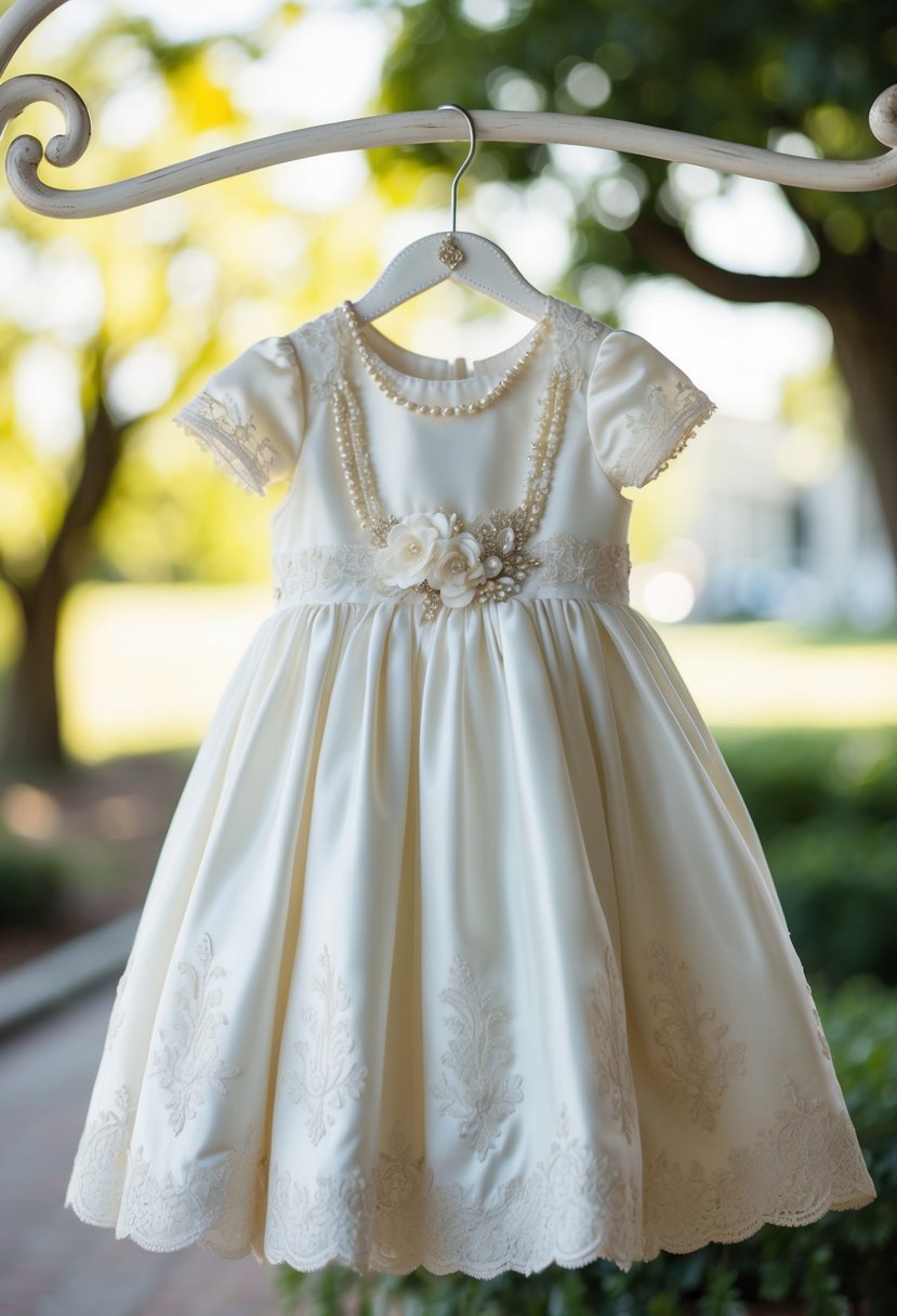 A vintage A-line baby girl wedding dress hanging on a delicate hanger, adorned with lace, pearls, and intricate embroidery