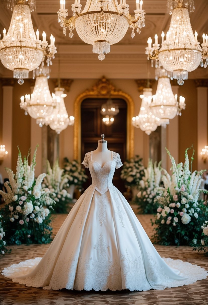 A grand ballroom with ornate chandeliers and opulent floral arrangements, showcasing a 1950s-inspired wedding dress with Victorian-inspired details