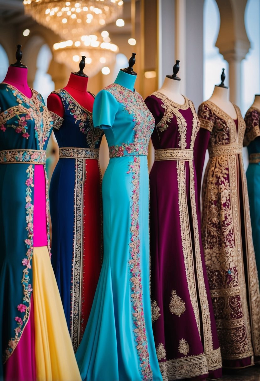 A colorful array of custom handmade Arabic dresses displayed on mannequins, showcasing intricate embroidery and elegant designs for Arab wedding dress ideas