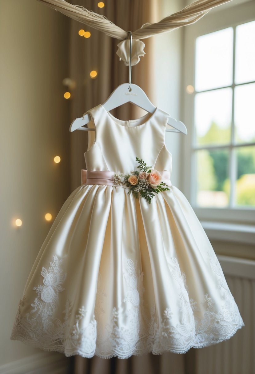 A delicate baby girl wedding dress with a soft satin finish, adorned with lace and floral details, hanging on a tiny hanger in a sunlit room